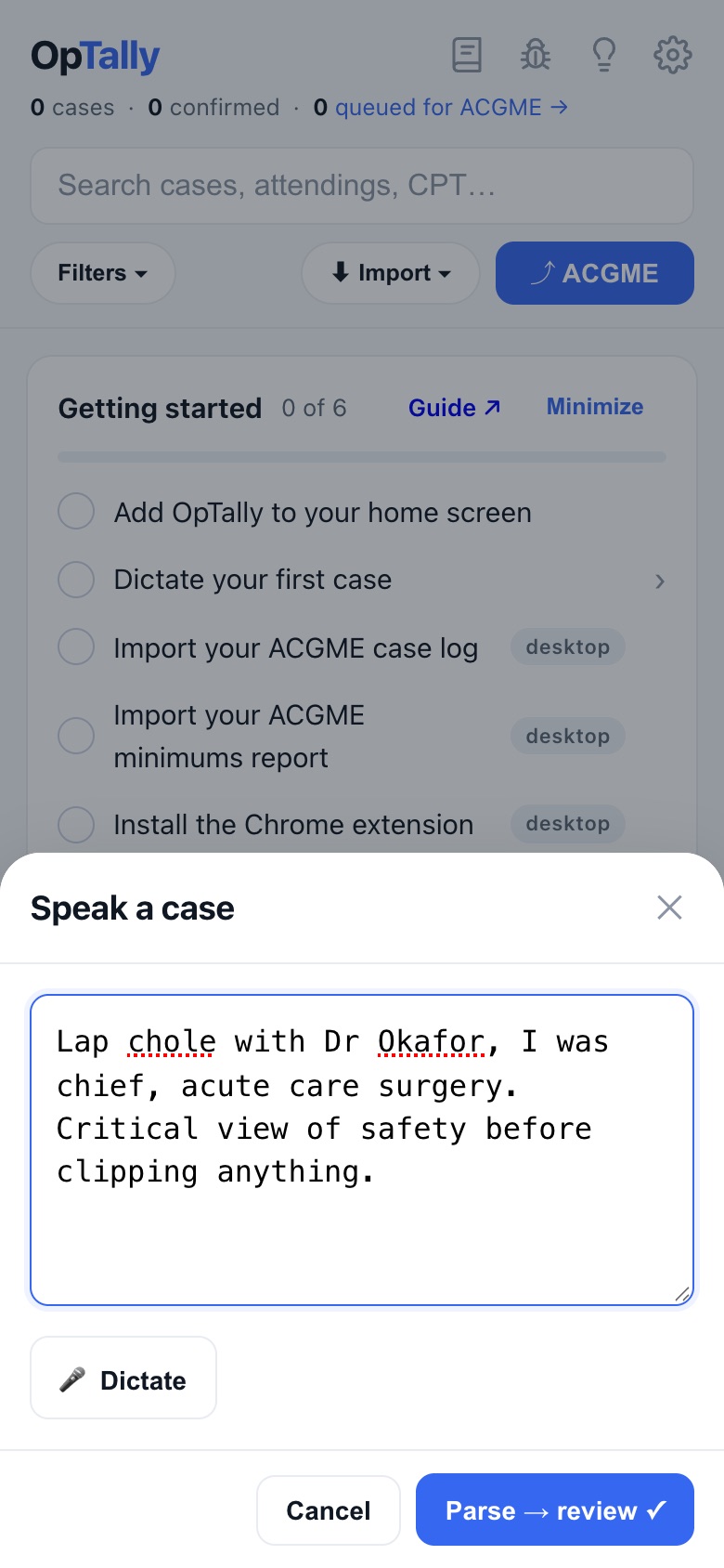Dictation screen with spoken text