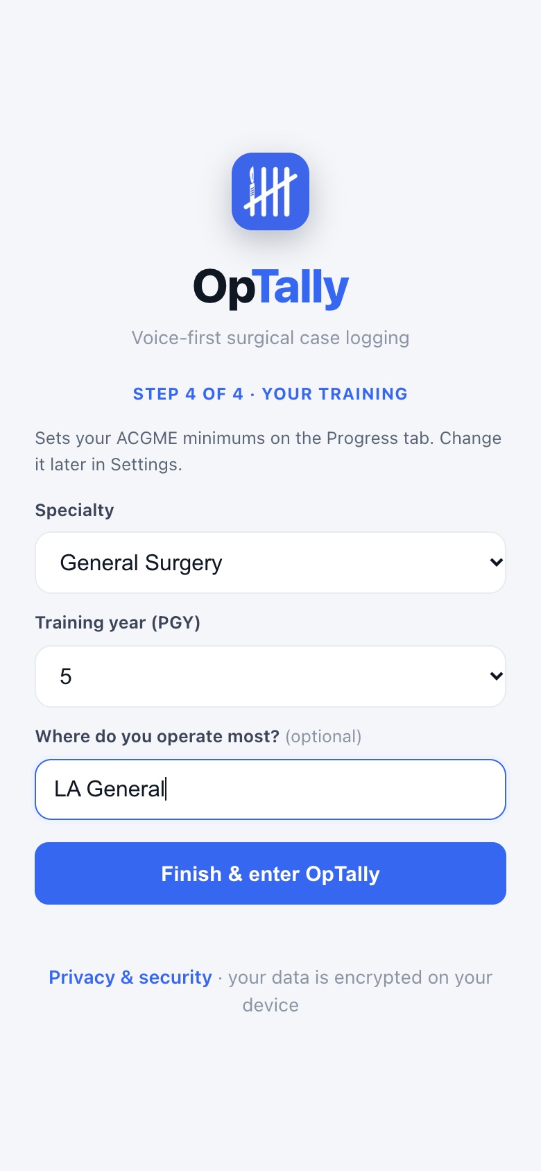 Sign-up step 4: specialty, PGY, main site
