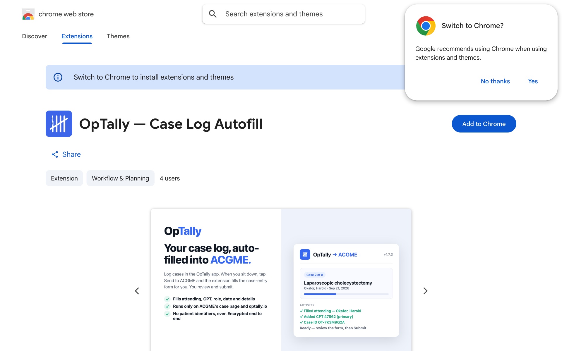 Chrome Web Store page for the extension